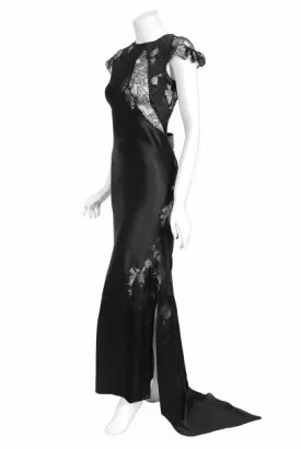 1930's Black Silk & Sheer Lace Cut Outs Hourglass Bias-Cut Trained Gown