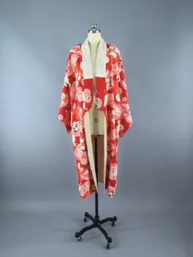 1930s Vintage Silk Kimono Robe / Red Fans