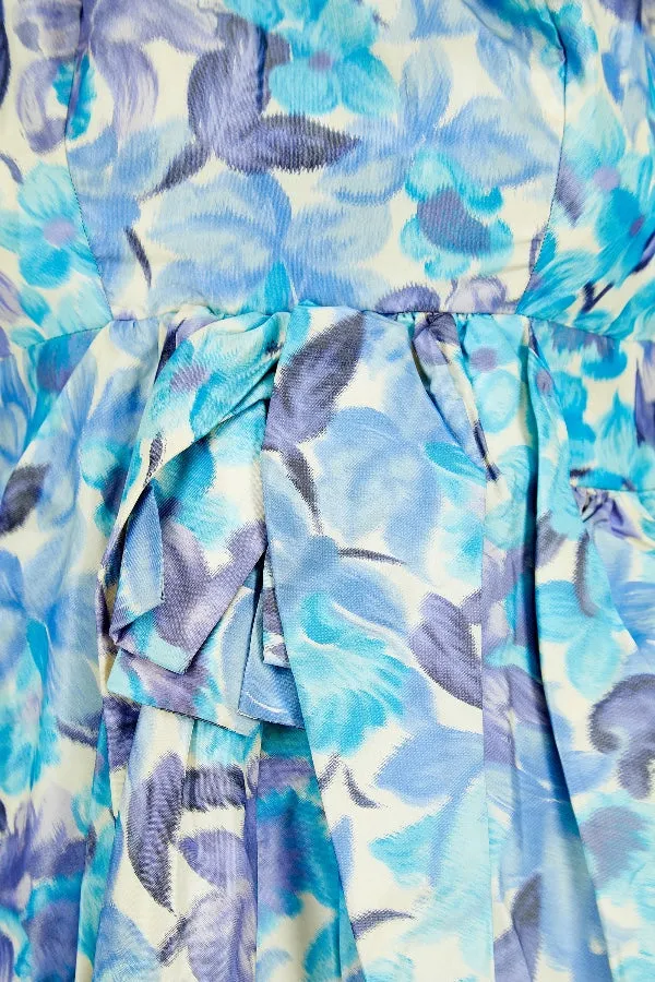 1960s Koupy Couture Blue Floral Silk Dress