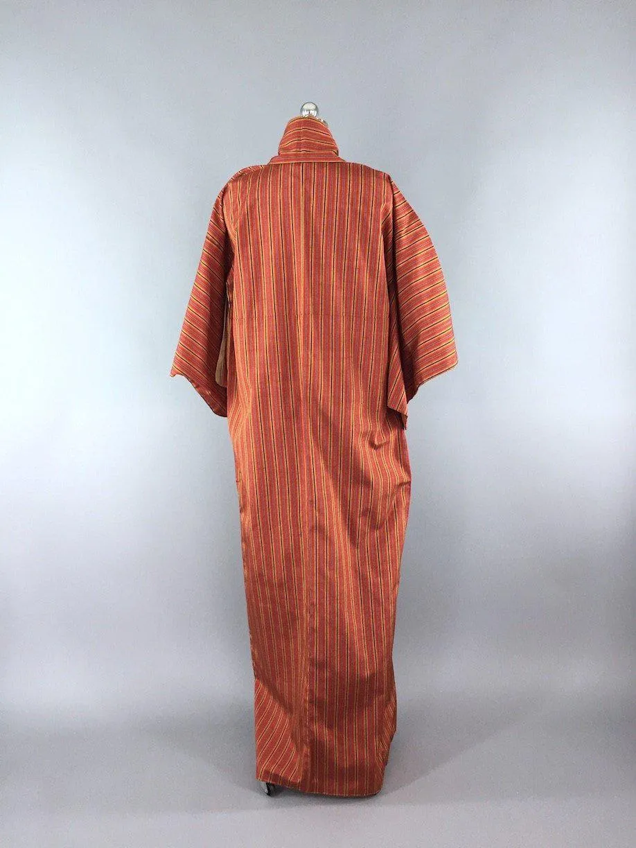 1960s Vintage Silk Kimono Robe / Orange Stripes