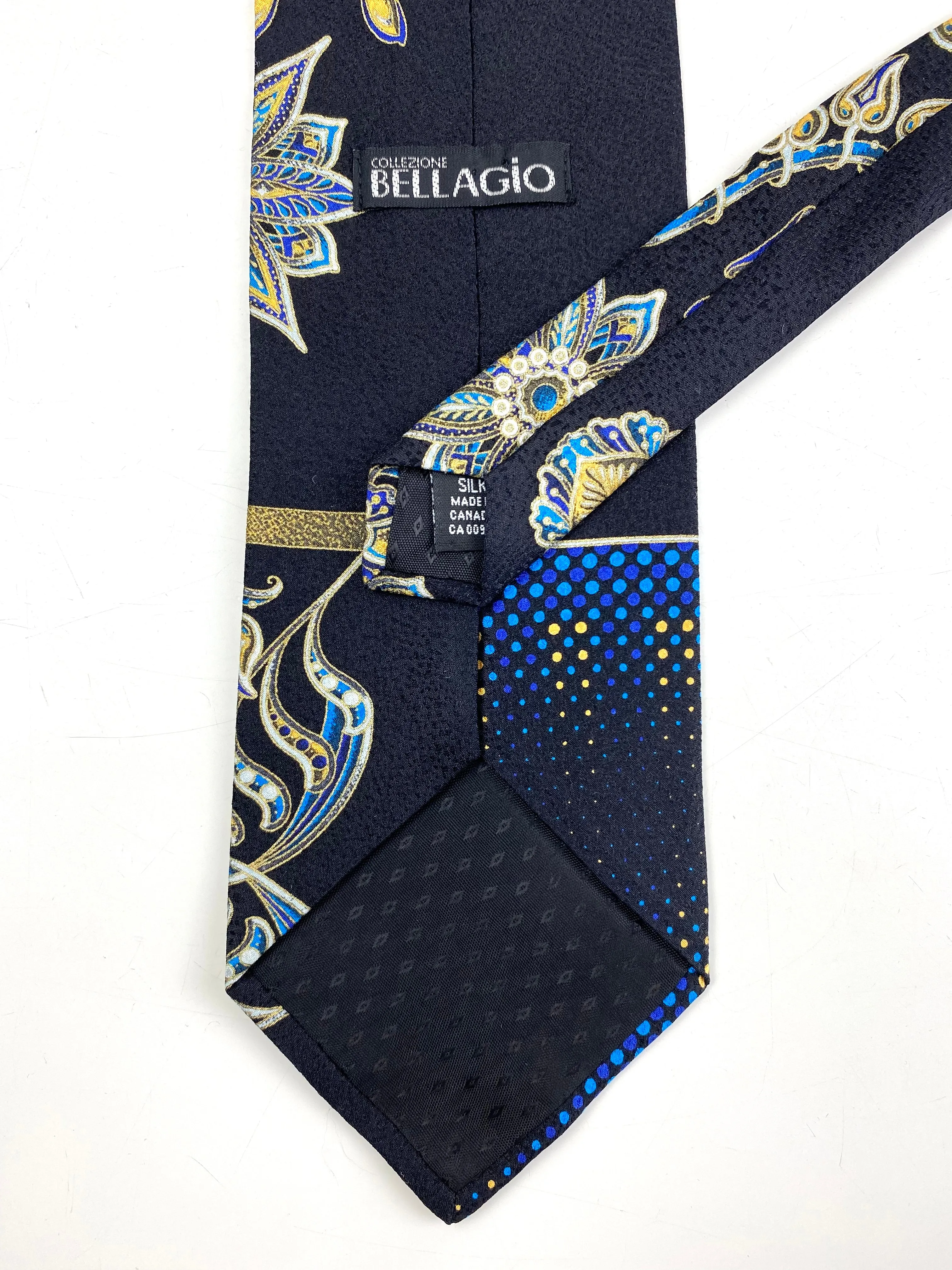 90s Deadstock Silk Necktie, Men's Vintage Black/ Blue Indian Pattern Tie, NOS