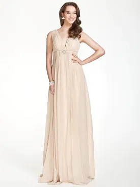 A-Line Bridesmaid Dress V Neck Sleeveless  Back Floor Length Chiffon with Pleats   Beading   Draping