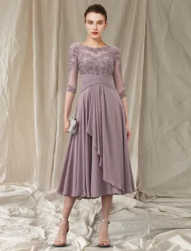 A-Line Mother of the Bride Dress Elegant Tea Length Chiffon Lace Half Sleeve with Pleats Ruched Beading