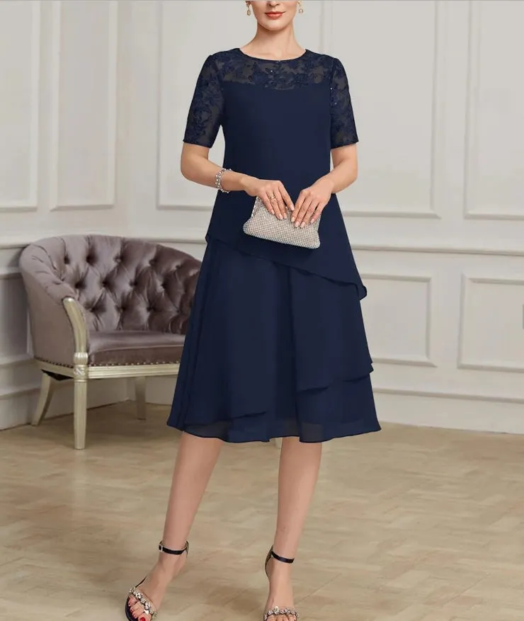 A-Line Mother of the Bride Dress Fall Wedding Guest Jewel Neck Tea Length Chiffon Short Sleeve with Lace