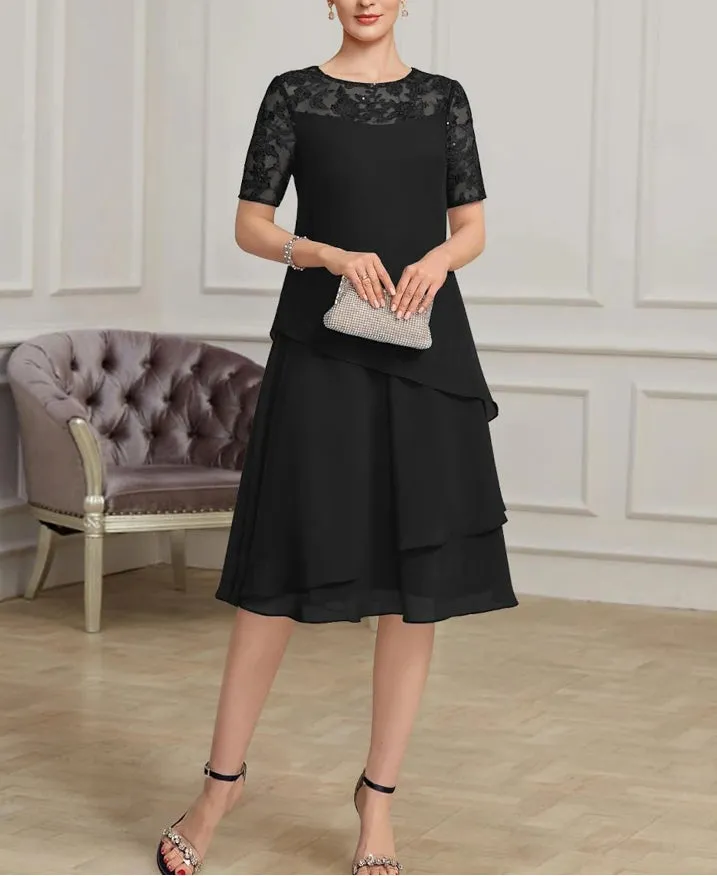 A-Line Mother of the Bride Dress Fall Wedding Guest Jewel Neck Tea Length Chiffon Short Sleeve with Lace