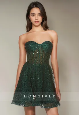 A-Line Sweetheart Strapless Sheer Sequined Short Party Homecoming Dress