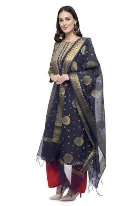 A R Silk Women's Vanarsi Silk Zari Border Embroidery Navy Blue Fancy Dupatta