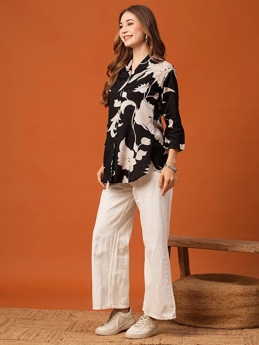 Abstract Floral Printed Straight Fit Kurti - Black