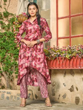 Abstract Foil Printed Buttoned Asymmetric Hem Kurta with Pants - Mauve