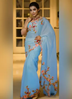 Adorable Sky Blue Color Silk Base Embroidered Saree