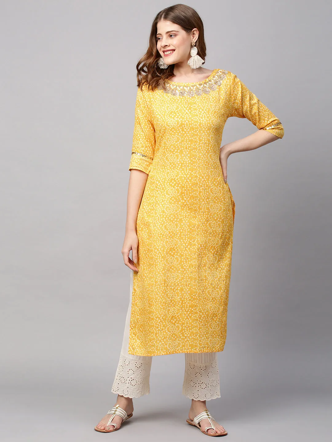 Bandhani Printed & Hand Embroidered Straight Fit Kurta - Yellow