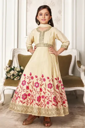 Beige Embroidery, Sequins and Zari work Long Party Gown for Girls