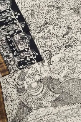 Black And White Kalamkari Hand Painted Pure Bangalore Silk Saree