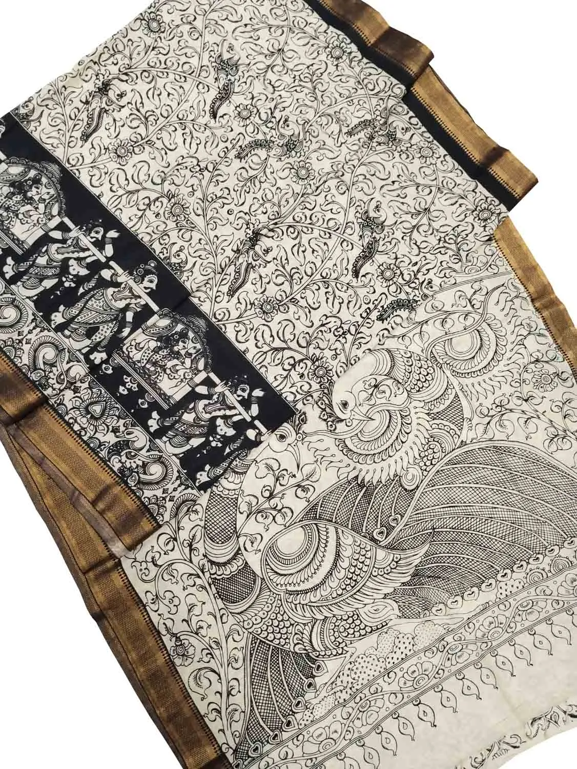 Black And White Kalamkari Hand Painted Pure Bangalore Silk Saree