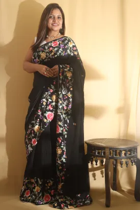 Black Hand Embroidered Parsi Gara Crepe Floral Design Saree