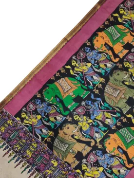 Black Kalamkari Hand Painted Pure Bangalore Silk Dupatta