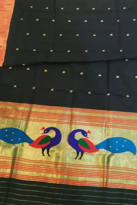 Black Paithani Handloom Pure Silk Peacock Design Dupatta With Muniya Border