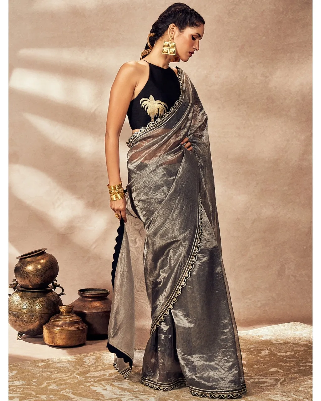 Black Striped Zari Sari Set