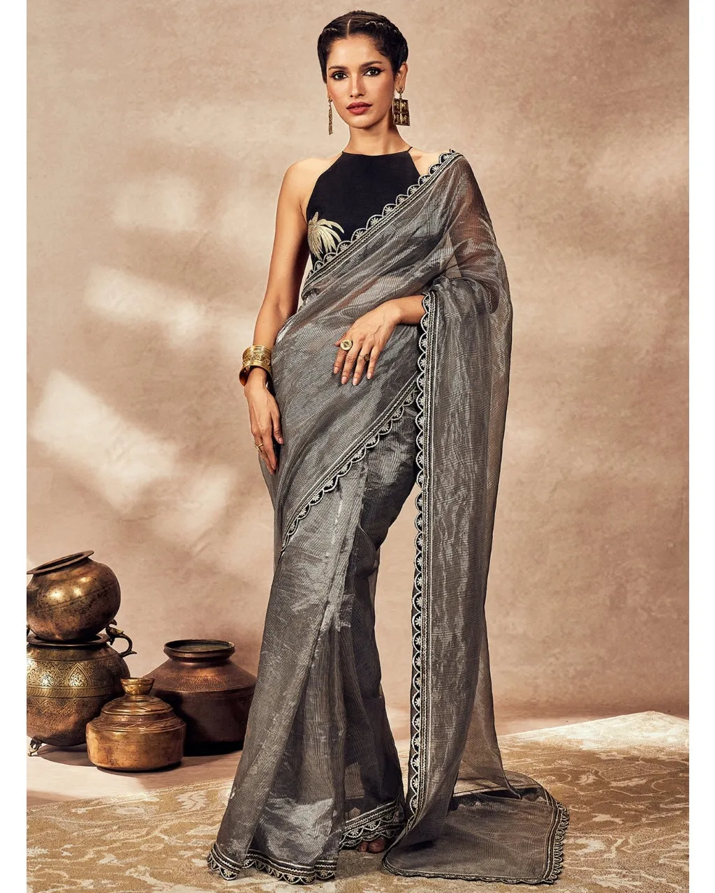 Black Striped Zari Sari Set