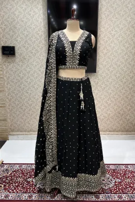 Black Zari and Sequins work Crop Top Lehenga