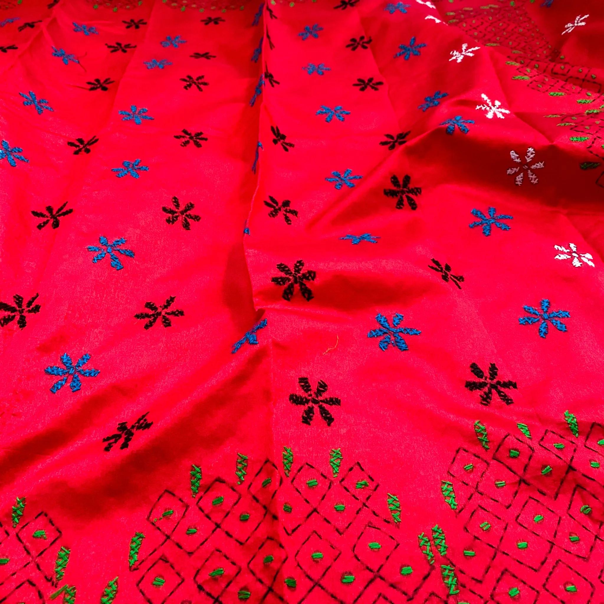 Bright Red Cotton Silk Saree with Kaantha Stitch embroidery work