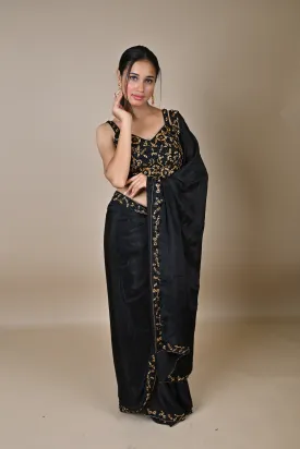 Designer Black Hand Embroidered Georgette Organza Saree.