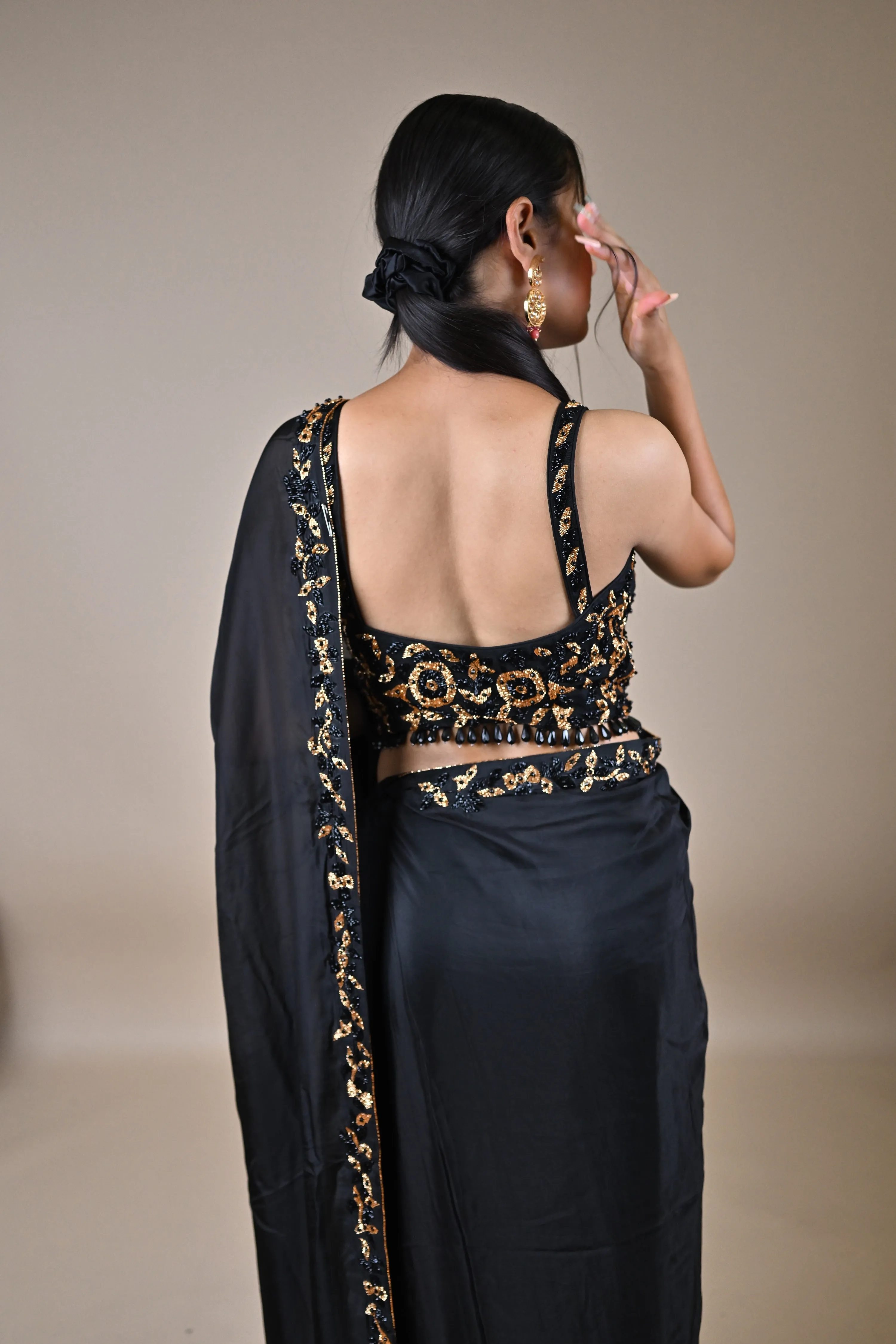 Designer Black Hand Embroidered Georgette Organza Saree.