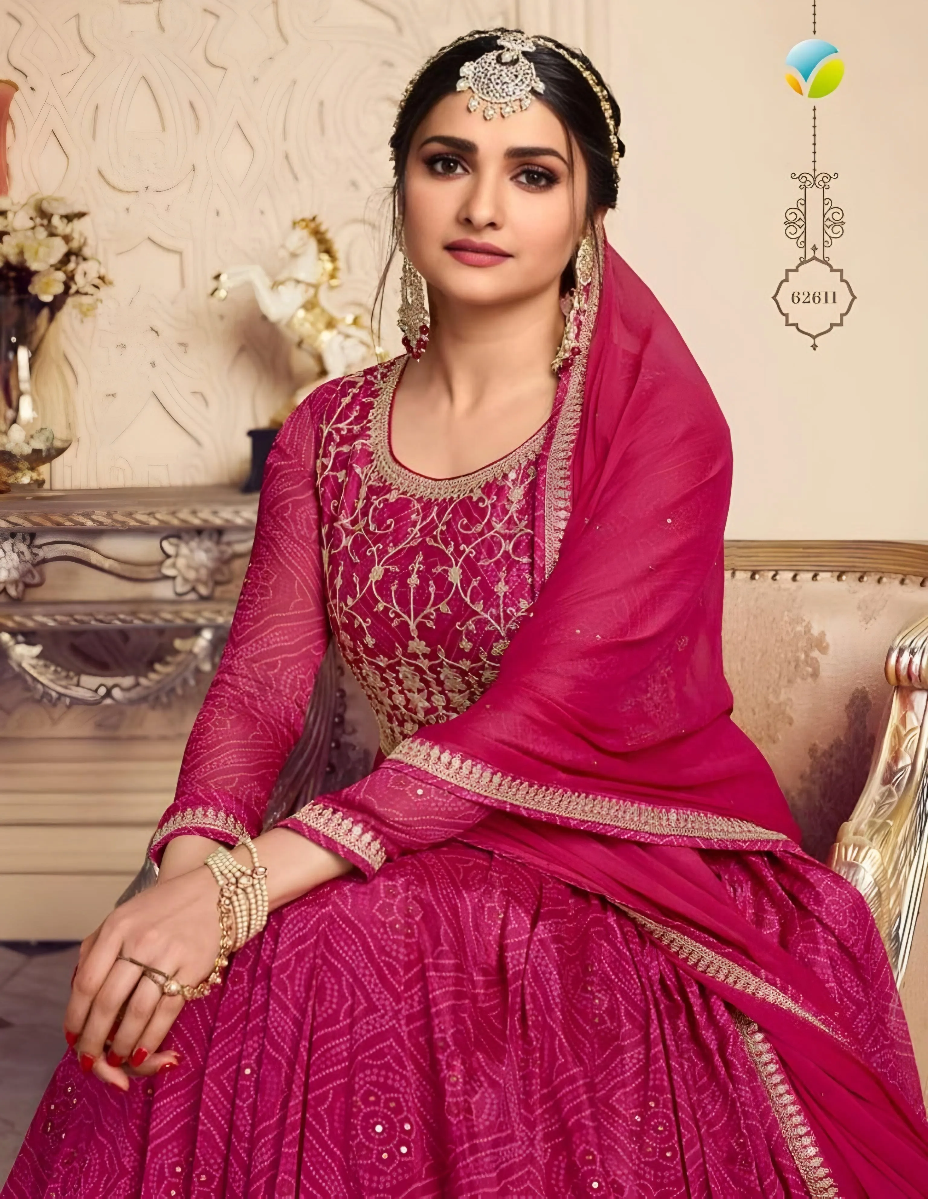 Digital Printed Silk Chiffon Anarkali Gown Pink