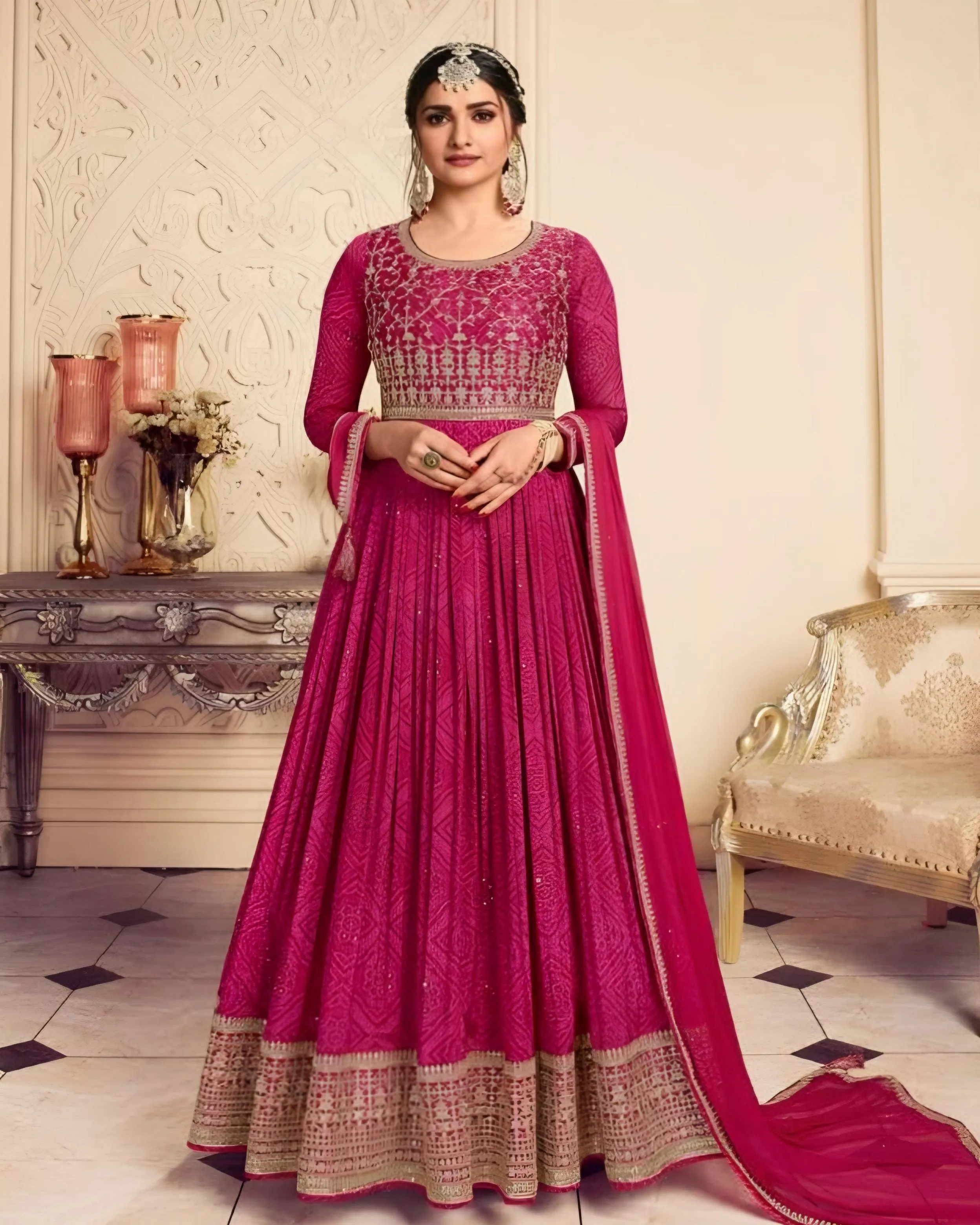 Digital Printed Silk Chiffon Anarkali Gown Pink