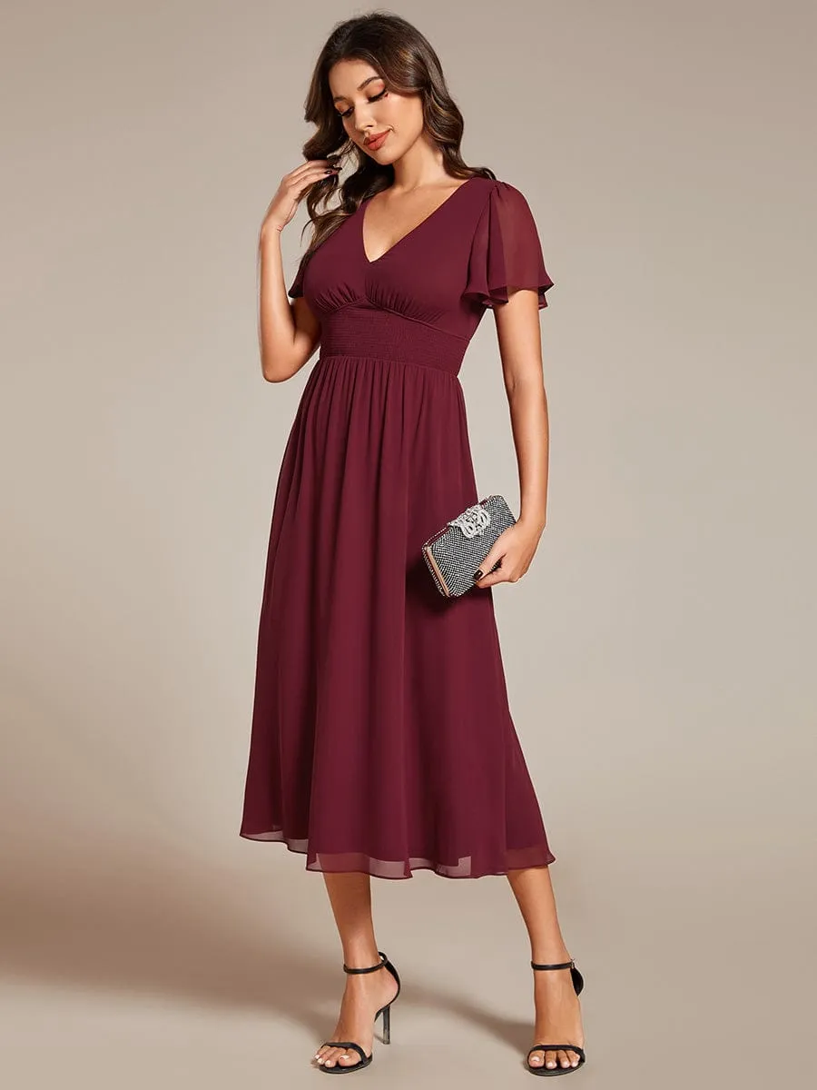 Elegant V-Neck Ruffle Sleeves Empire Waist Wedding Guest Dress in Chiffon