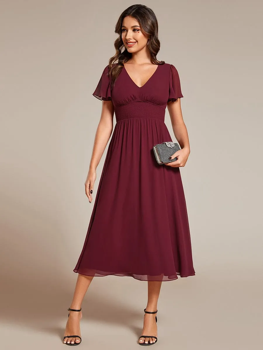 Elegant V-Neck Ruffle Sleeves Empire Waist Wedding Guest Dress in Chiffon