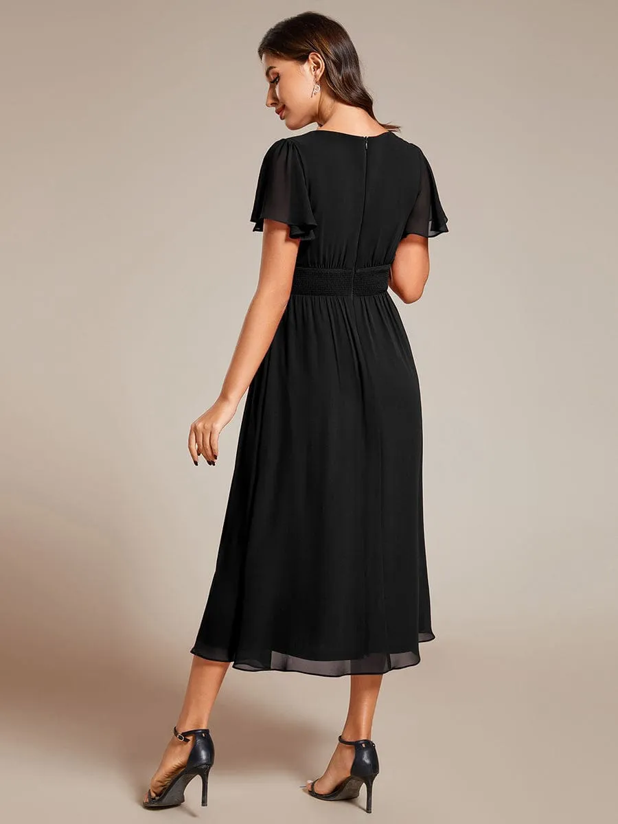 Elegant V-Neck Ruffle Sleeves Empire Waist Wedding Guest Dress in Chiffon