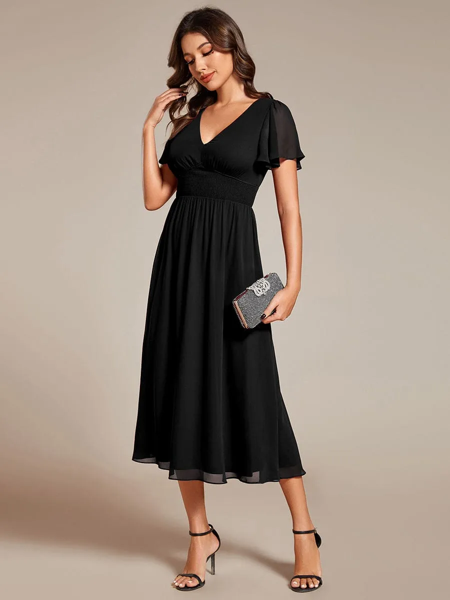 Elegant V-Neck Ruffle Sleeves Empire Waist Wedding Guest Dress in Chiffon