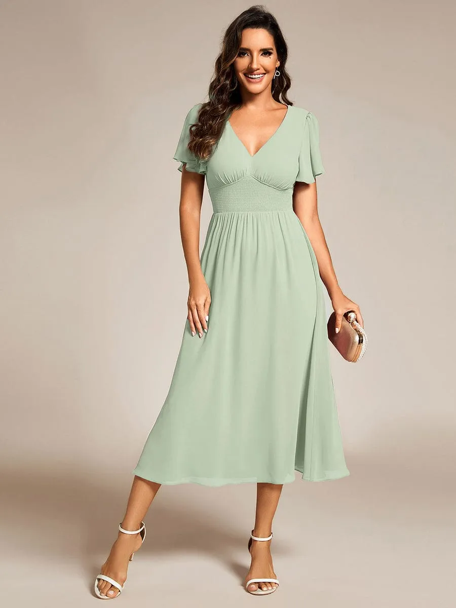 Elegant V-Neck Ruffle Sleeves Empire Waist Wedding Guest Dress in Chiffon