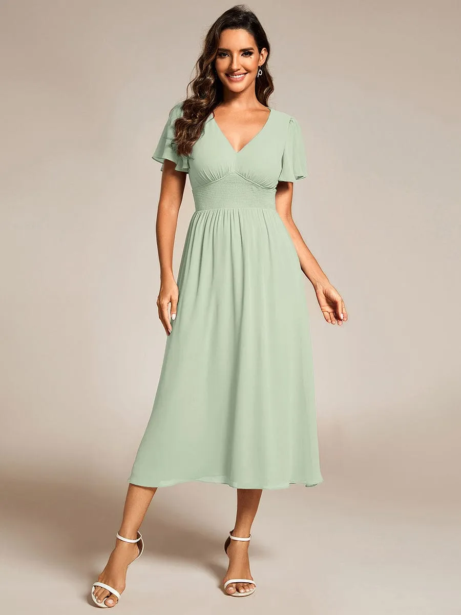 Elegant V-Neck Ruffle Sleeves Empire Waist Wedding Guest Dress in Chiffon