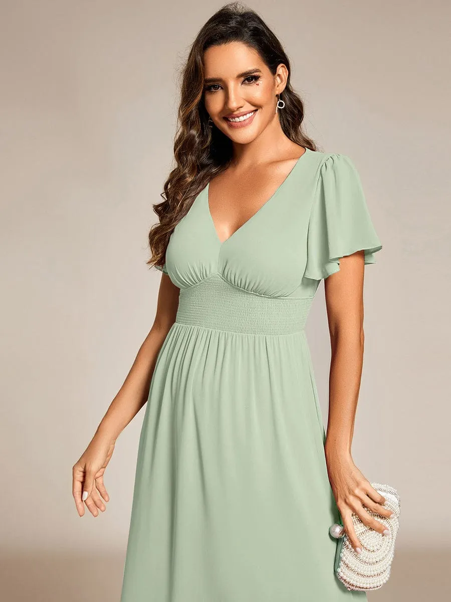 Elegant V-Neck Ruffle Sleeves Empire Waist Wedding Guest Dress in Chiffon