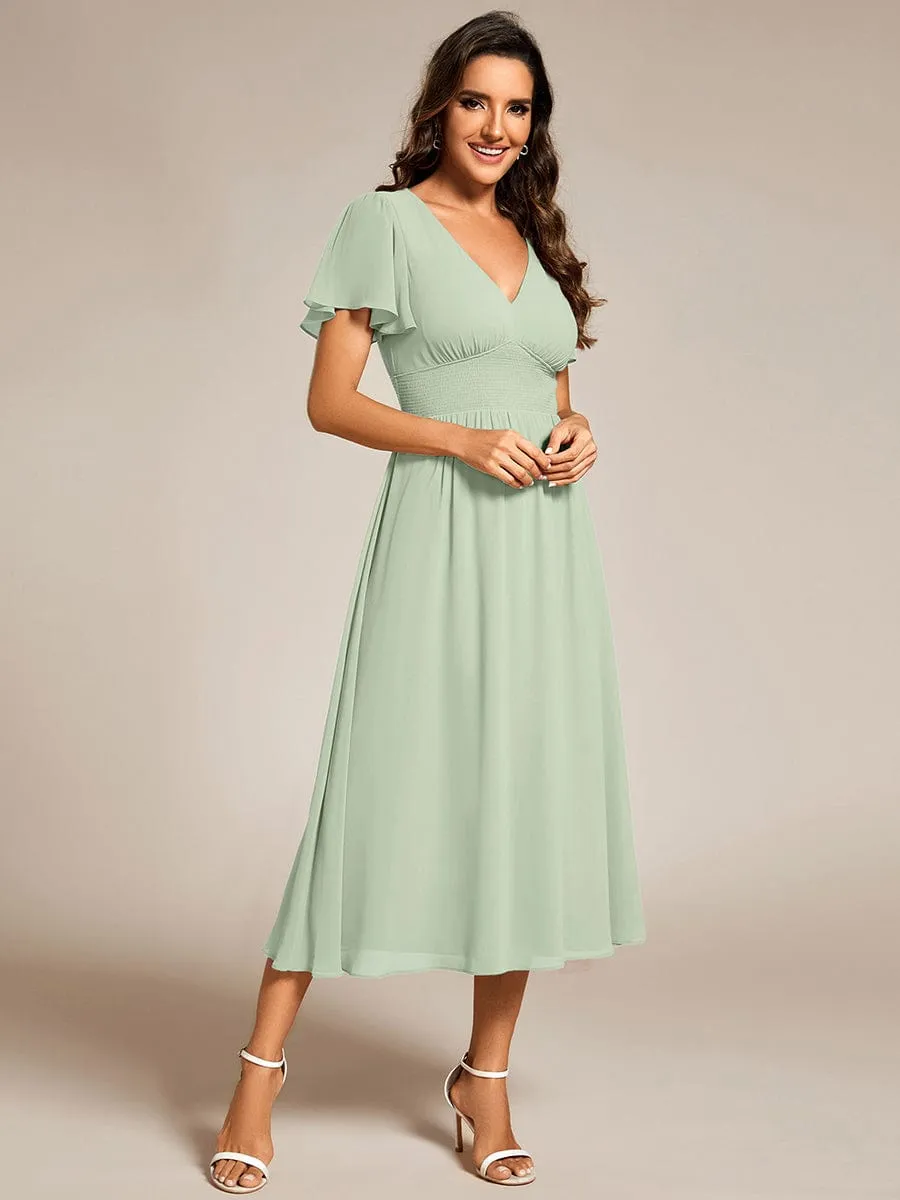 Elegant V-Neck Ruffle Sleeves Empire Waist Wedding Guest Dress in Chiffon