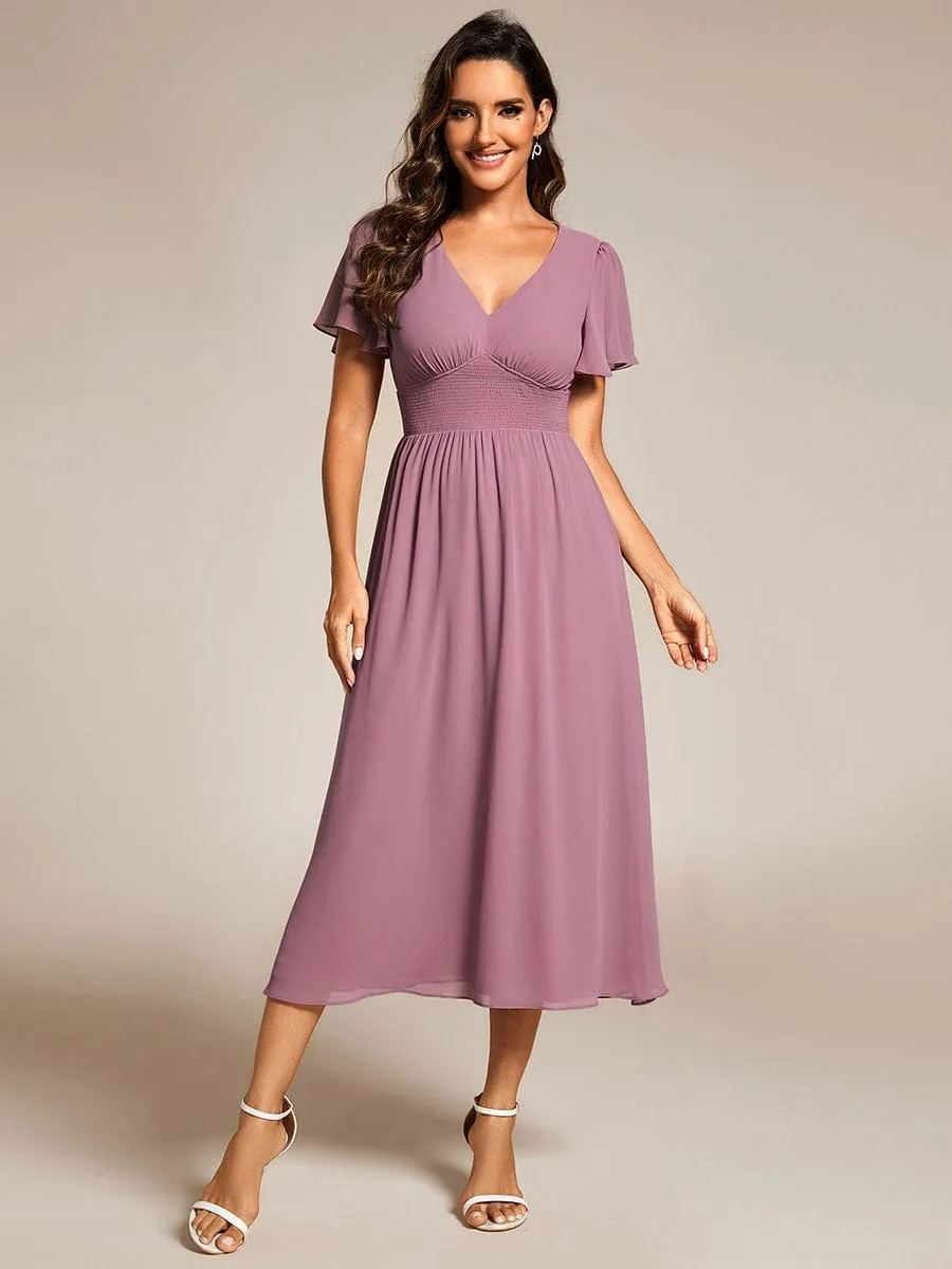 Elegant V-Neck Ruffle Sleeves Empire Waist Wedding Guest Dress in Chiffon