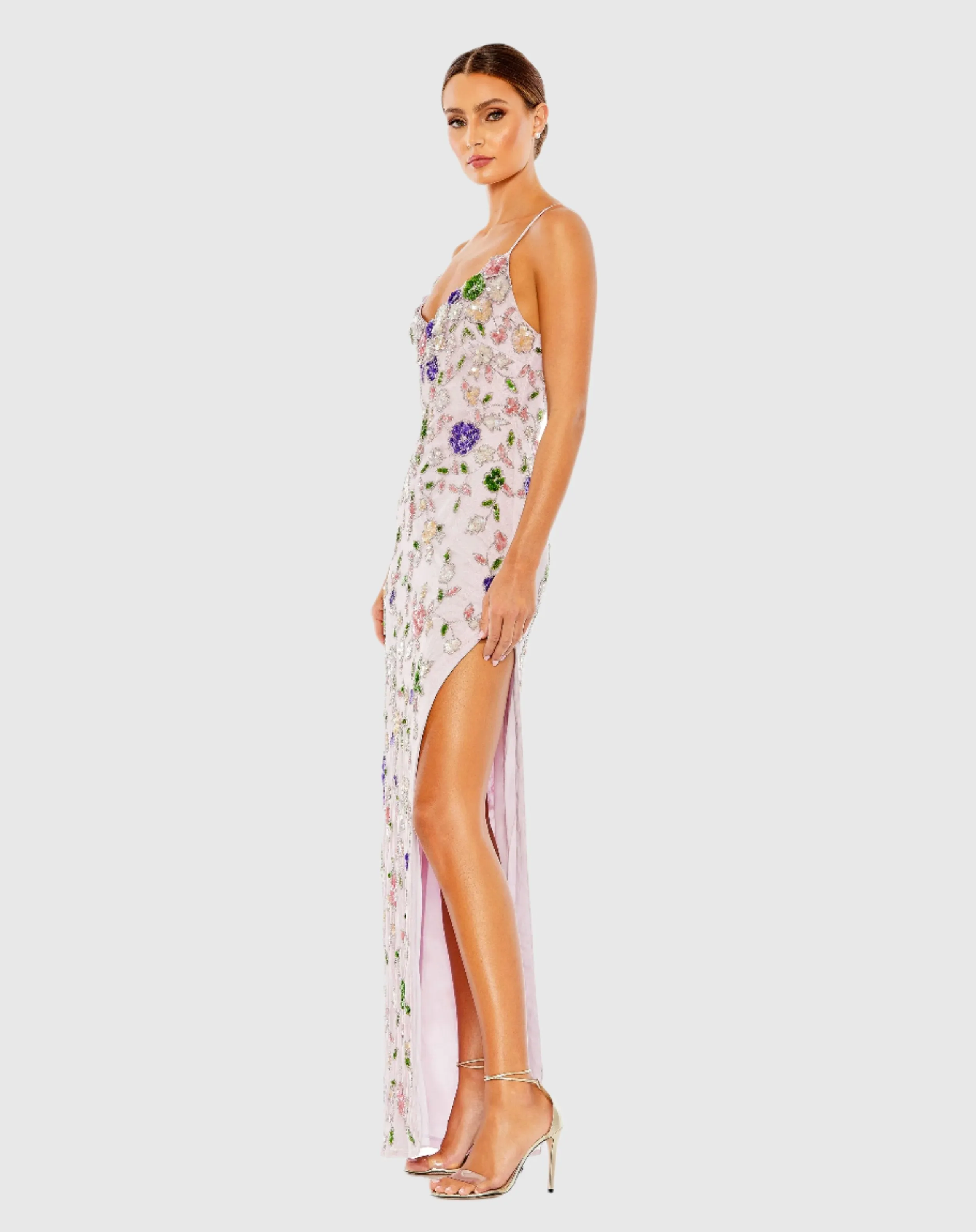 Embellished Lace Sleeveless V Neck Gown