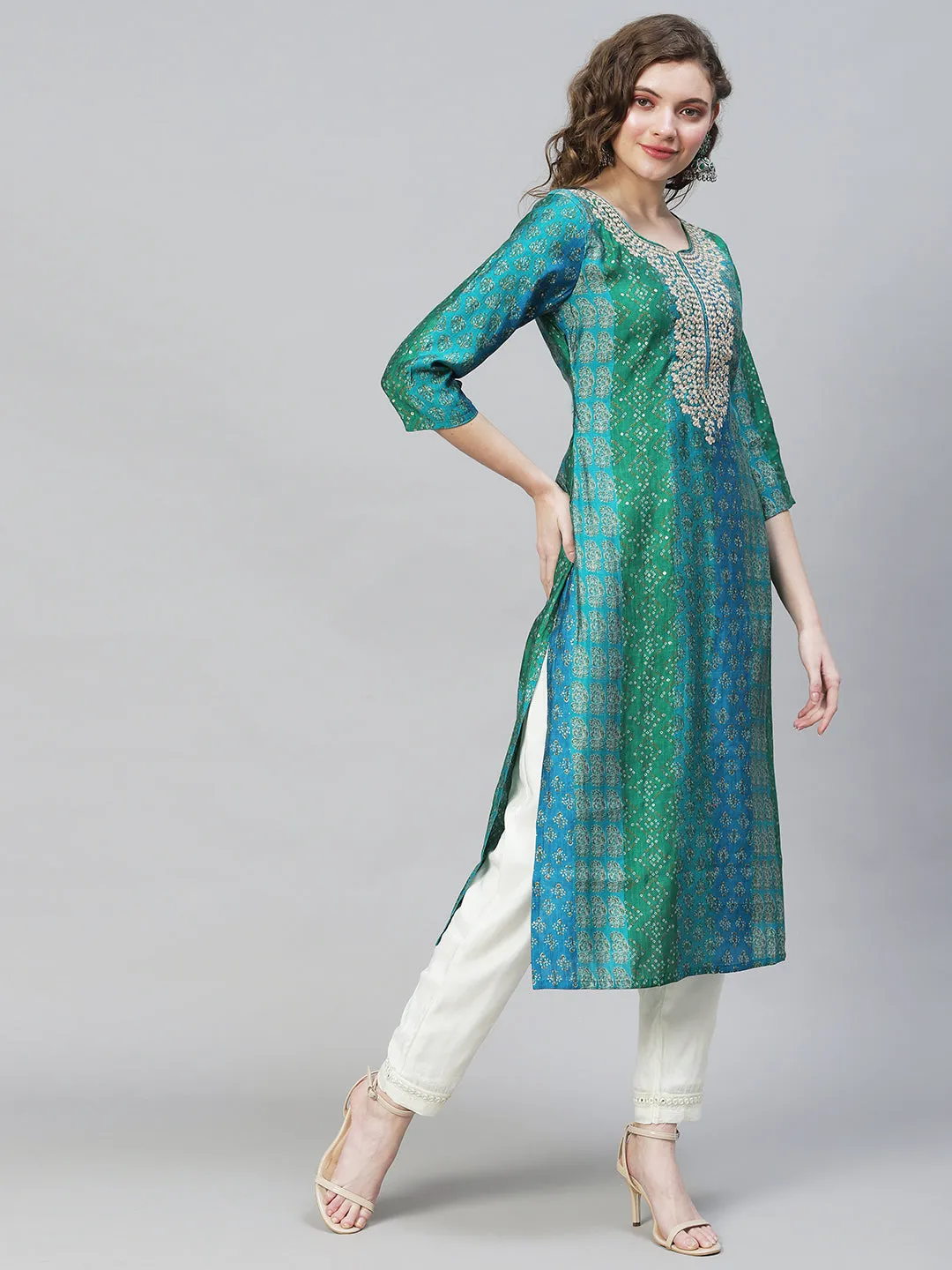 Ethnic & Stripes Printed & Embroidered Straight Fit Kurta – Multi