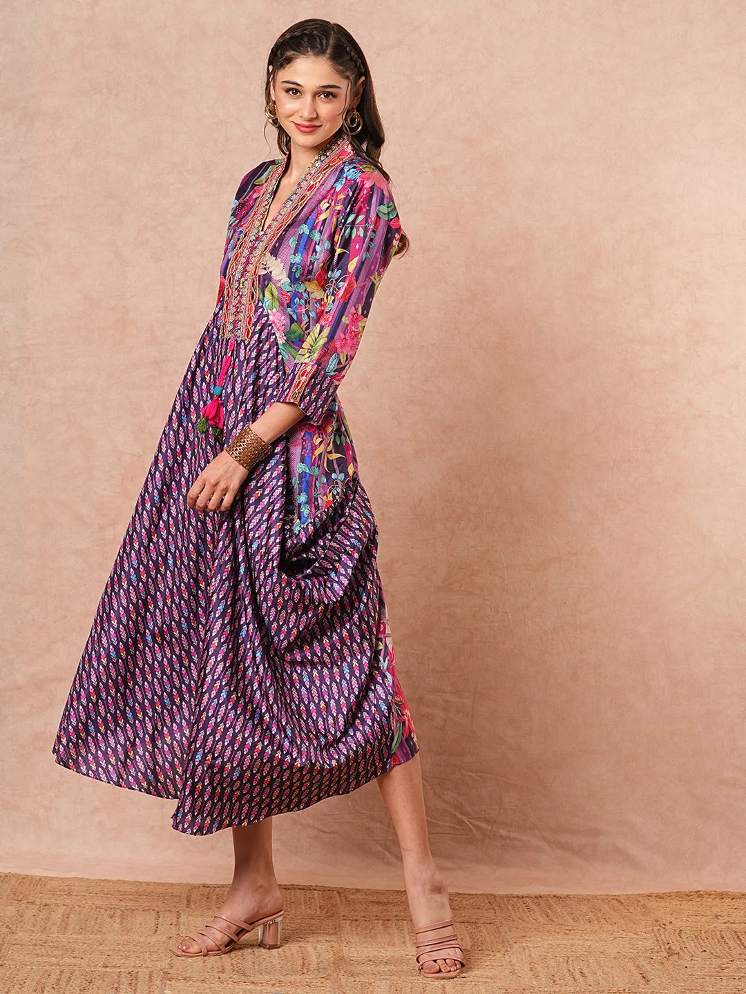 Ethnic Embroidered & Printed A-Line Cowl Maxi Dress - Purple