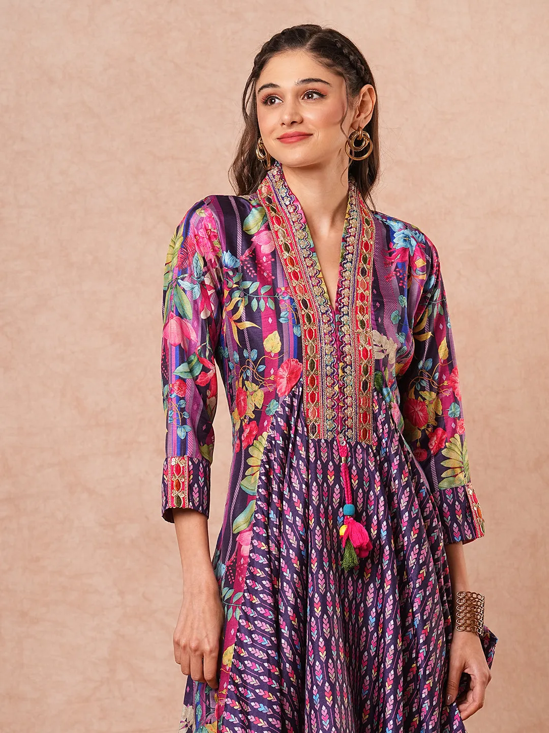 Ethnic Embroidered & Printed A-Line Cowl Maxi Dress - Purple