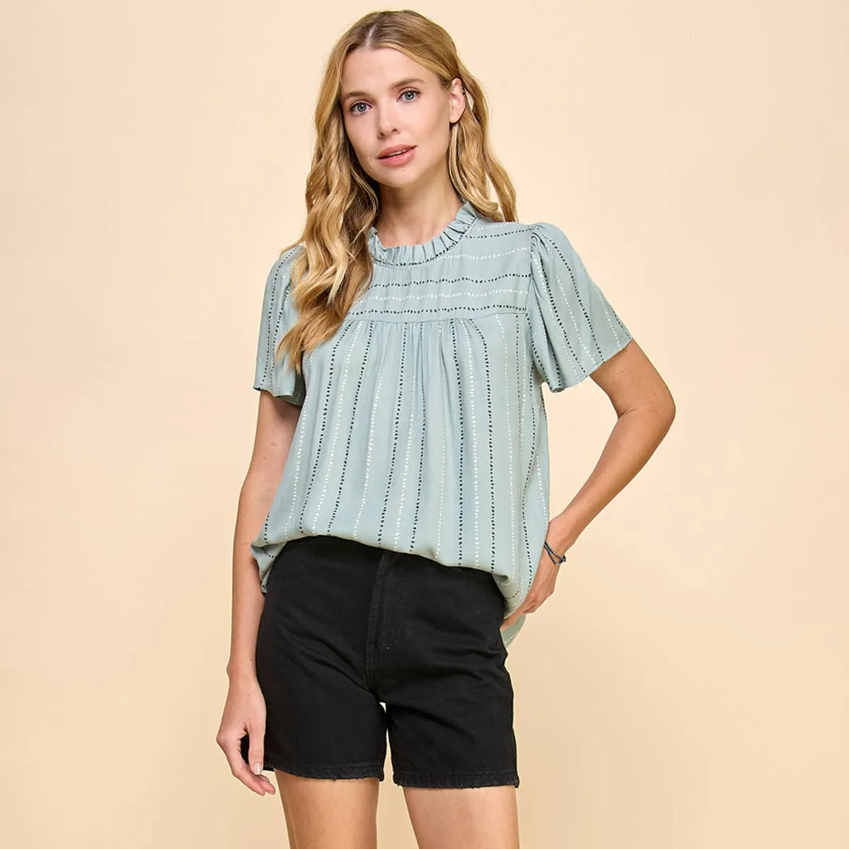 Flutter Sleeve Ruched Neck Printed Top