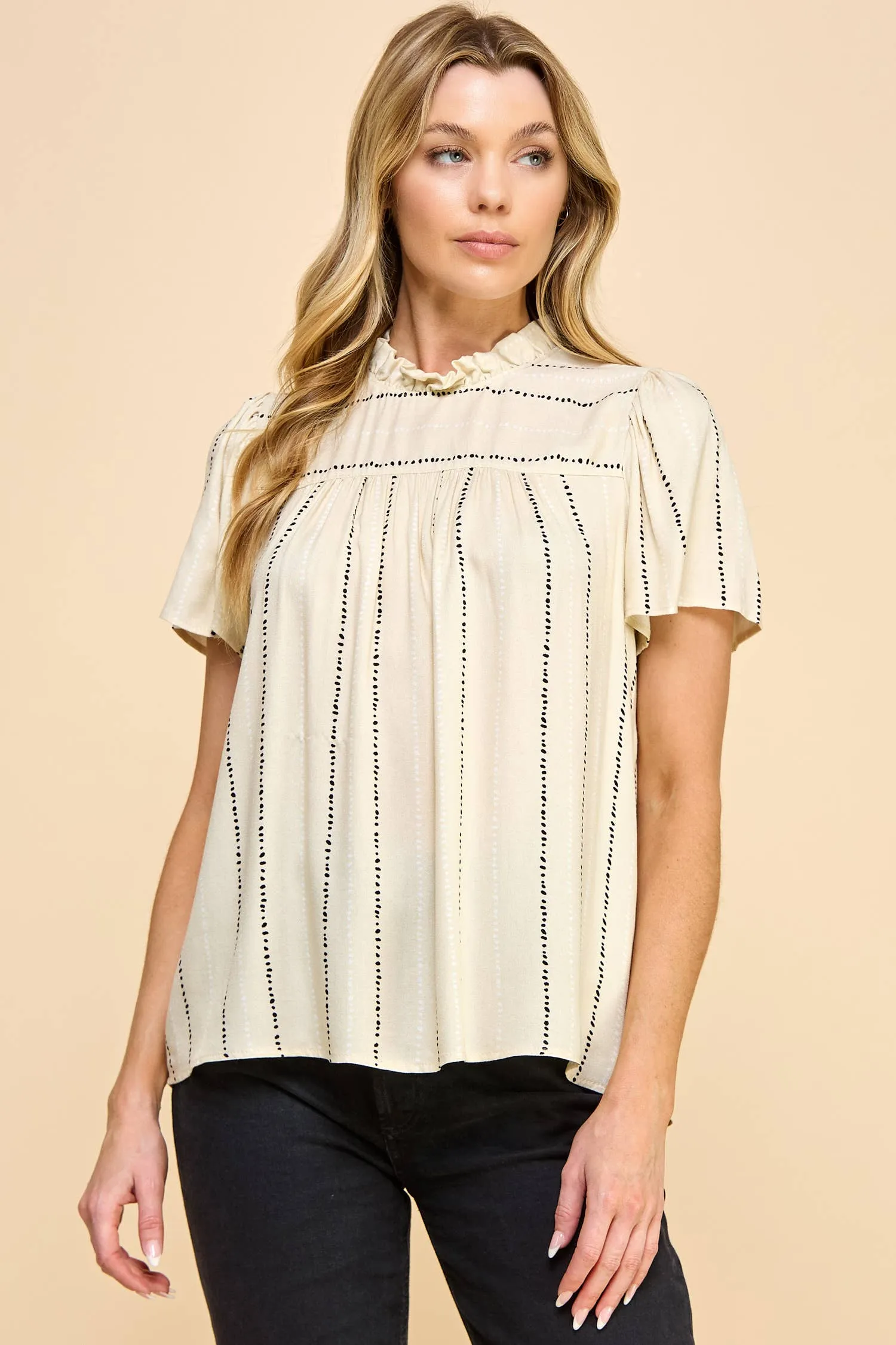 Flutter Sleeve Ruched Neck Printed Top