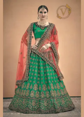 Green Embroidered Satin Lehenga Choli With Dupatta