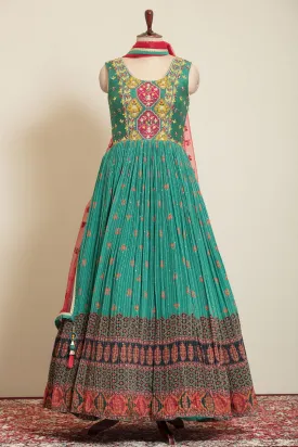 Green Mirror, Thread, Zardozi, Sequins and Thread work with Printed Floor Length Anarkali Suit