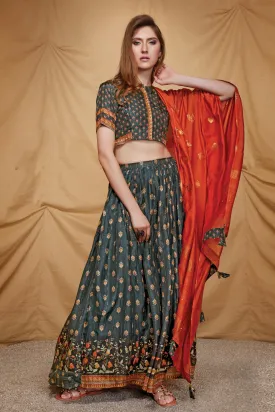 Greyish Green Printed, Sequins and Thread work Casual Crop Top Lehenga