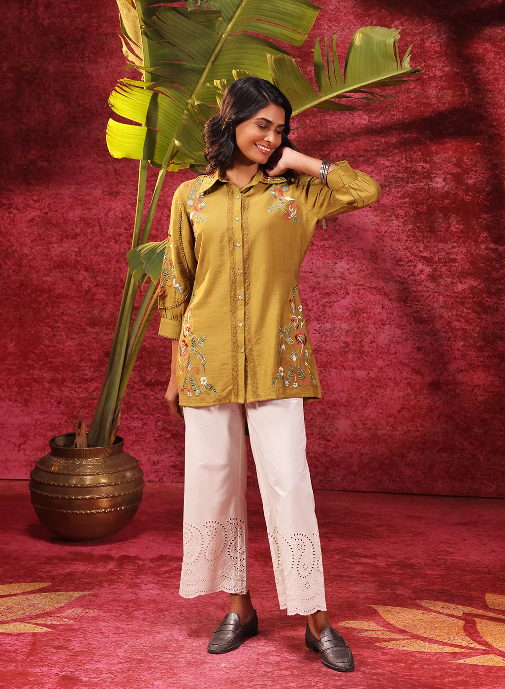 Hania Chartreuse Embroidered Cotton Silk Shirt for Women