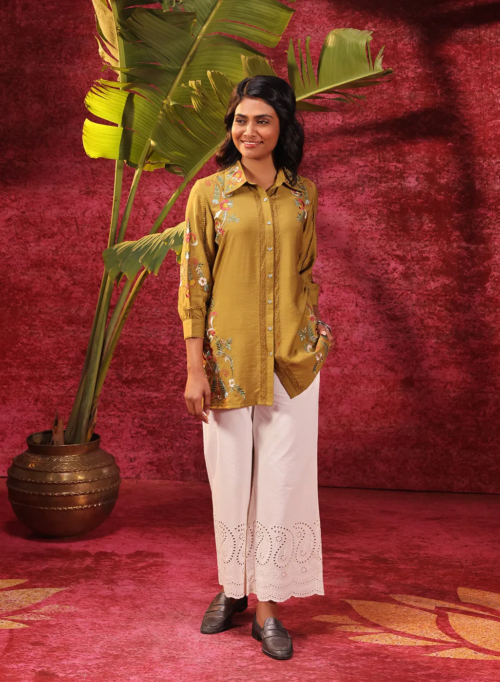 Hania Chartreuse Embroidered Cotton Silk Shirt for Women