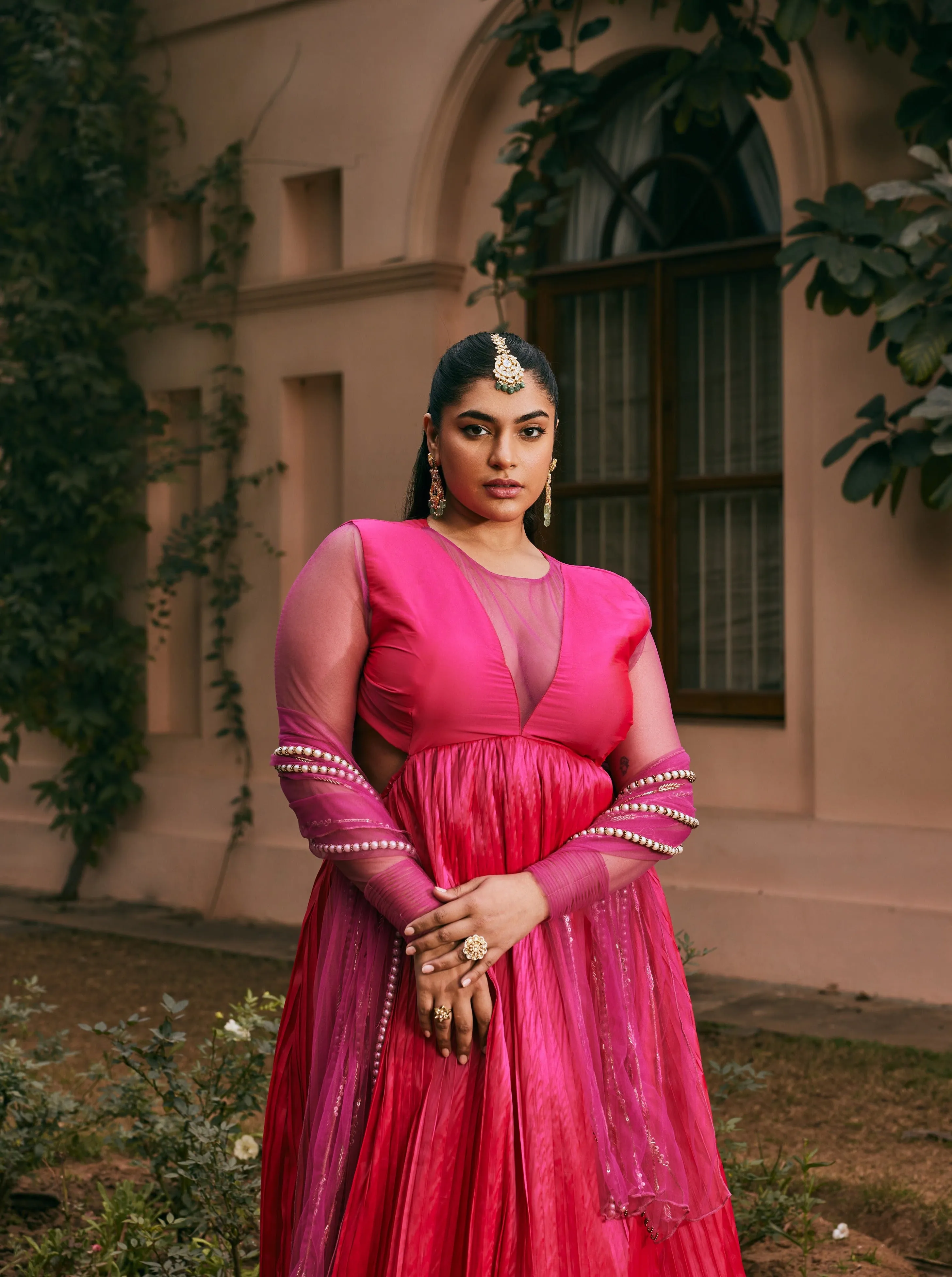 Hiba Hot Pink Silk Taffeta Anarkali with Hand-Embroidered Dupatta